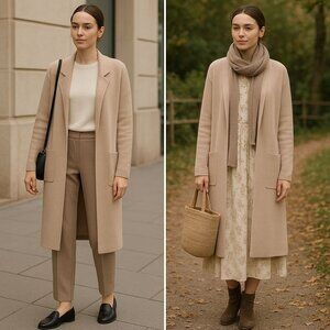 Women’s Beige Knit Long Cardigan S – Quiet Luxury Layering Cottagecore Neutral